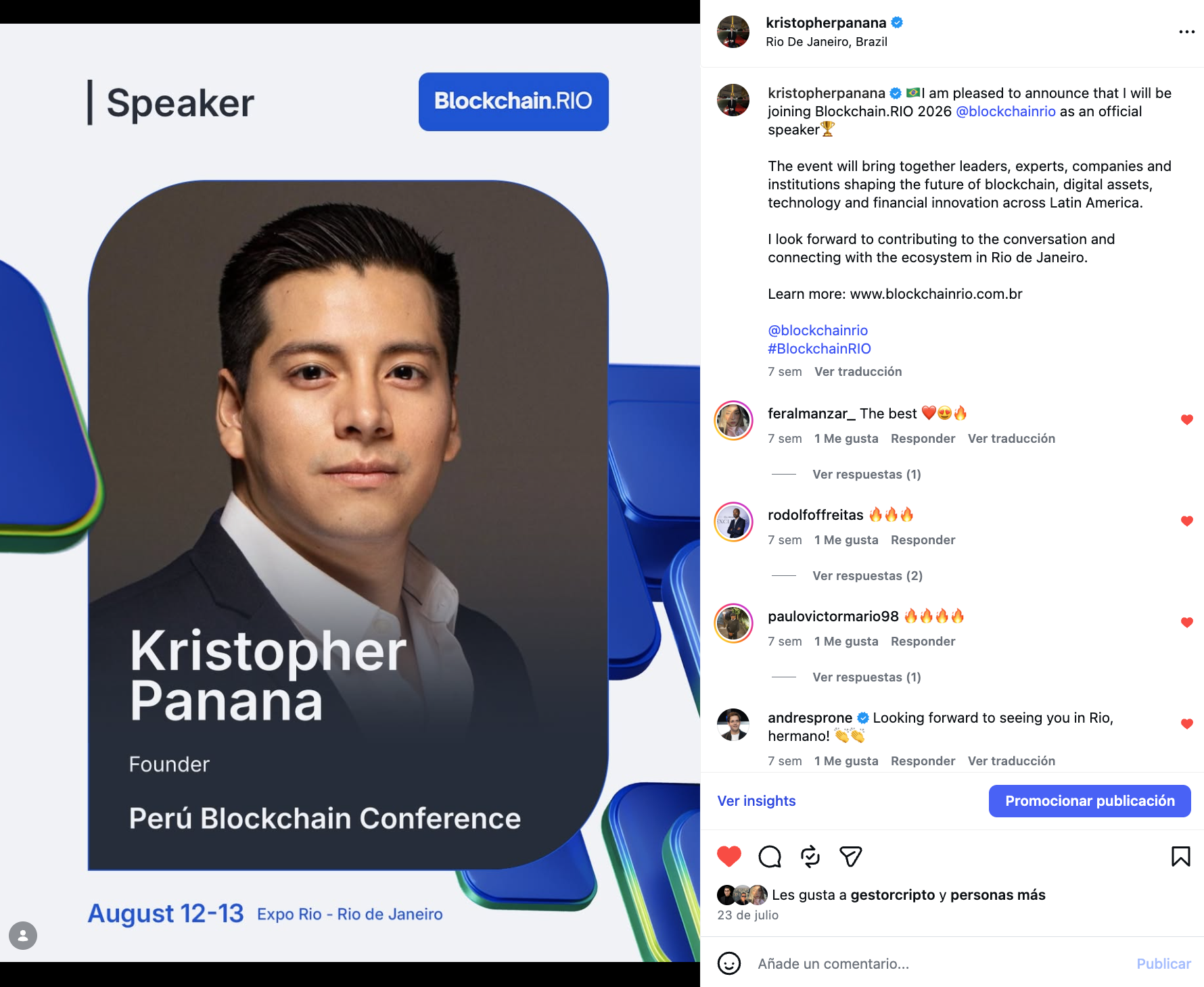 Announced as an official speaker in Rio de Janeiro, representing Peru Blockchain Conference.